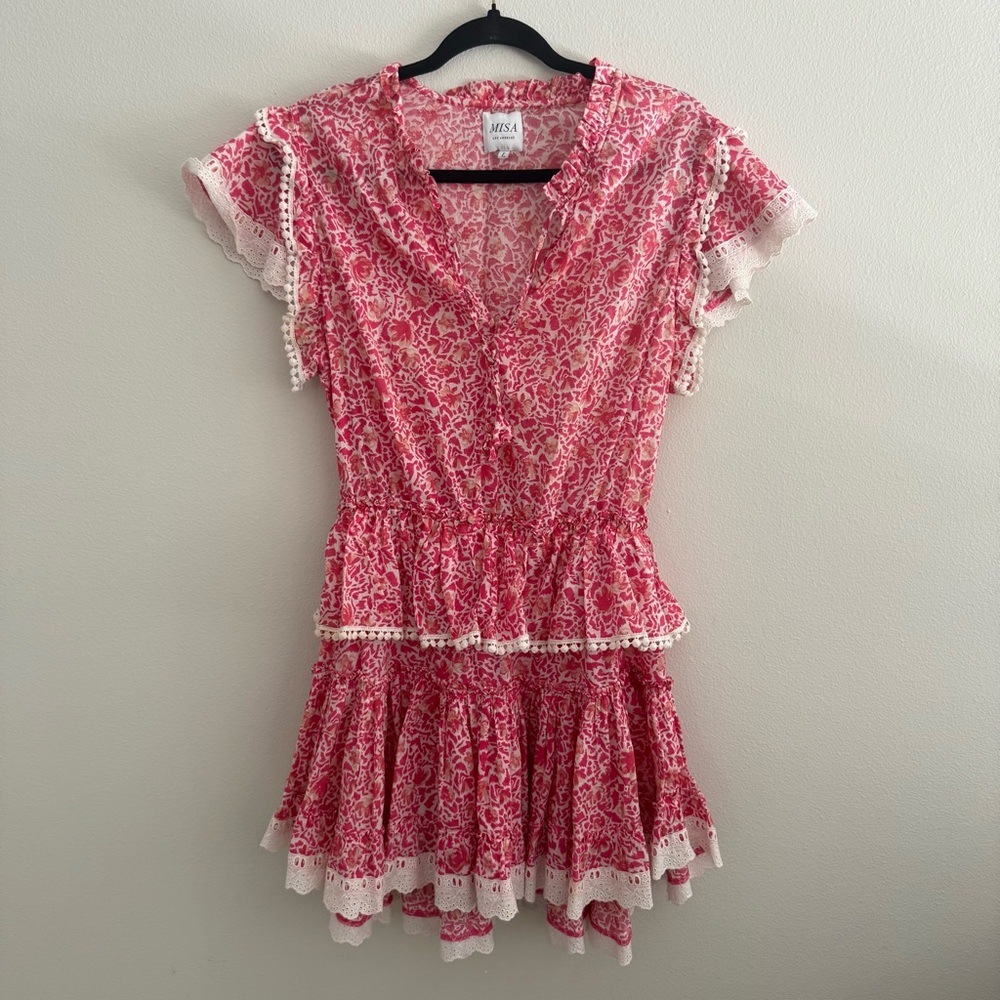 MISA Los Angeles Lilian Pink Floral Lace Trim Ruffle Mini Boho Cottagecore Dress - Picture 3 of 9